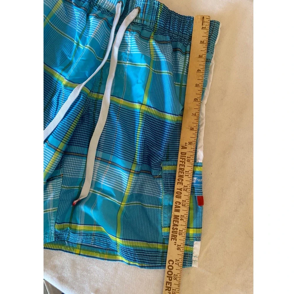 Surfmentality Swim Trunks Mens S Blue Green Plaid Cargo Board‎ Shorts